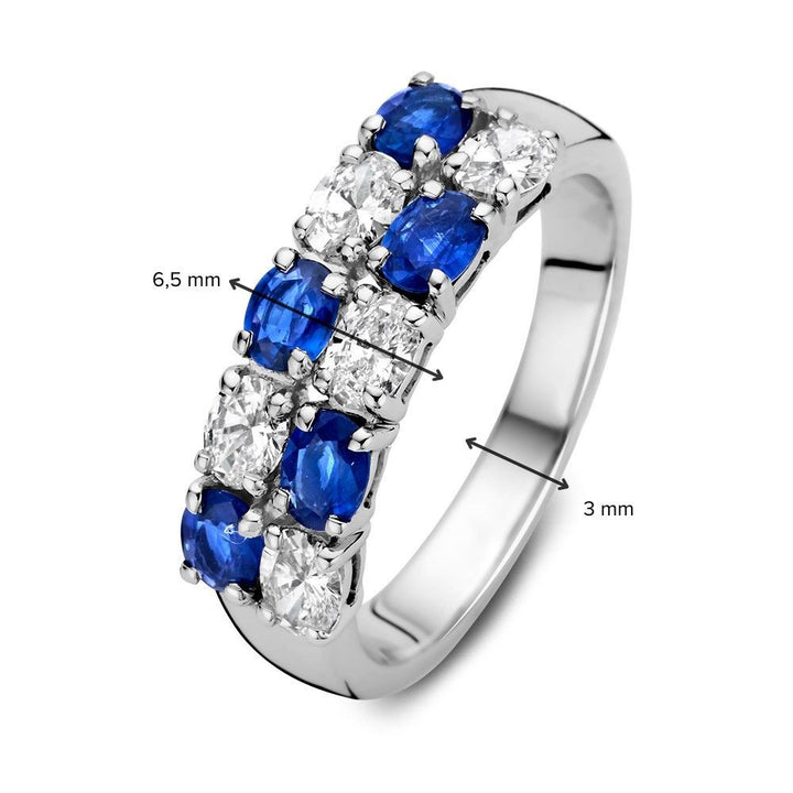 14 Karaat Witgouden Ring met Ovaal Geslepen Blauwe Saffier en 0,70 Caraat Diamanten