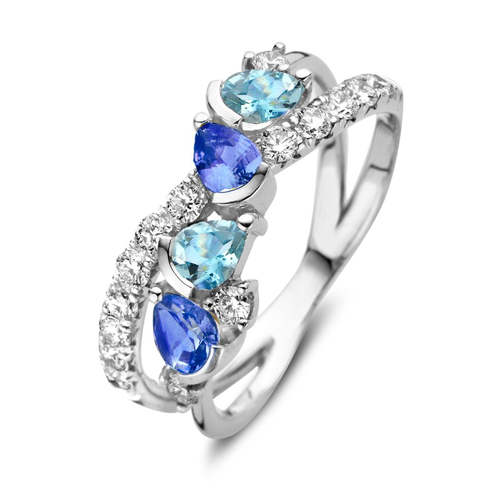 Witgouden ring met peergeslepen blauwe saffier, aquamarijn en 0.50ct diamanten, met een golvende schakelontwerp.