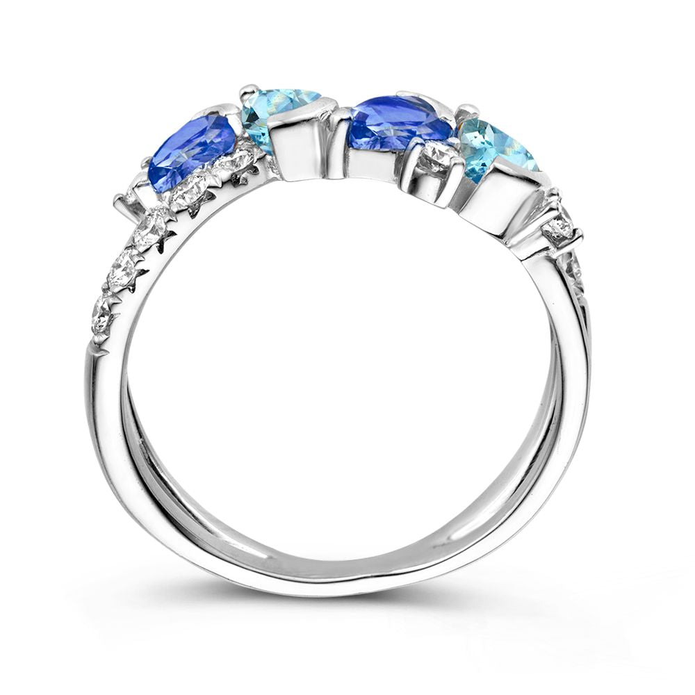 18kt Witgouden Ring met Peergeslepen Blauwe Saffier, Aquamarijn en 0.50ct Diamanten