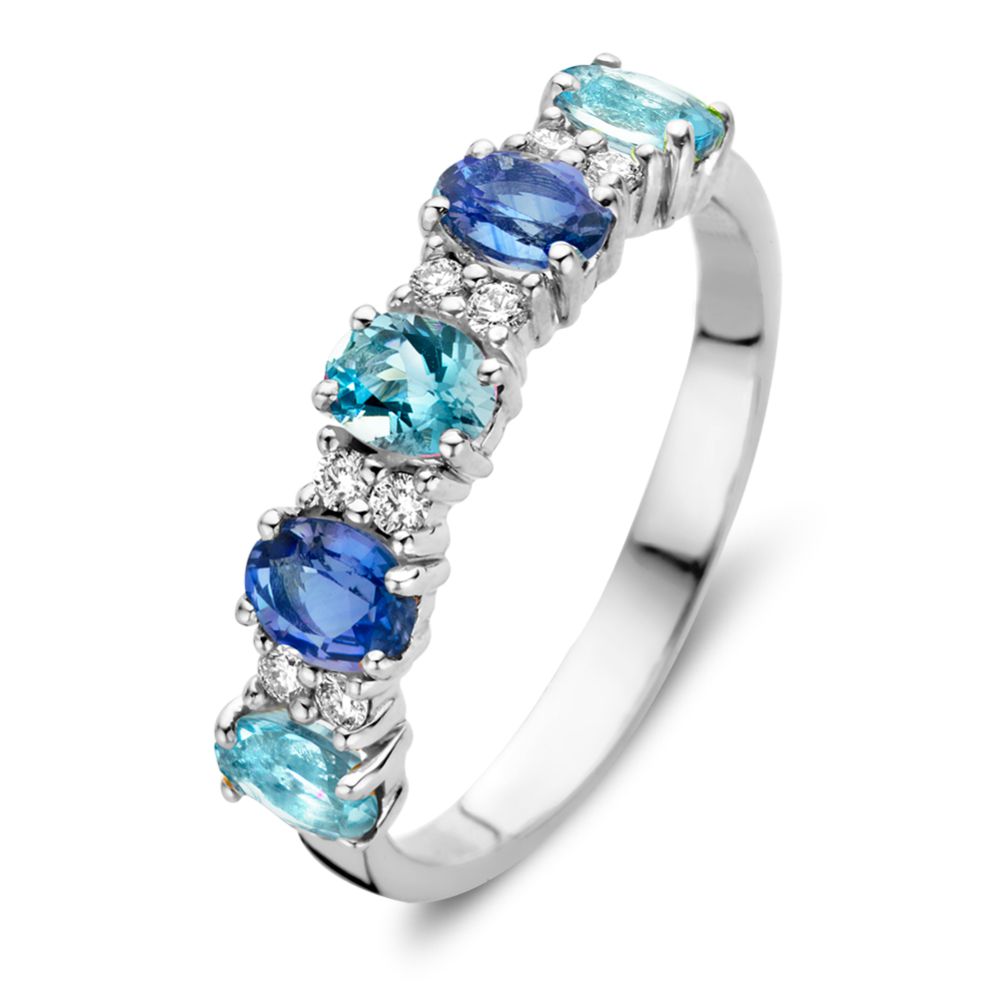 Witgouden ring met ovale saffieren, aquamarijnen en 0.12ct briljanten in een moderne zetting.