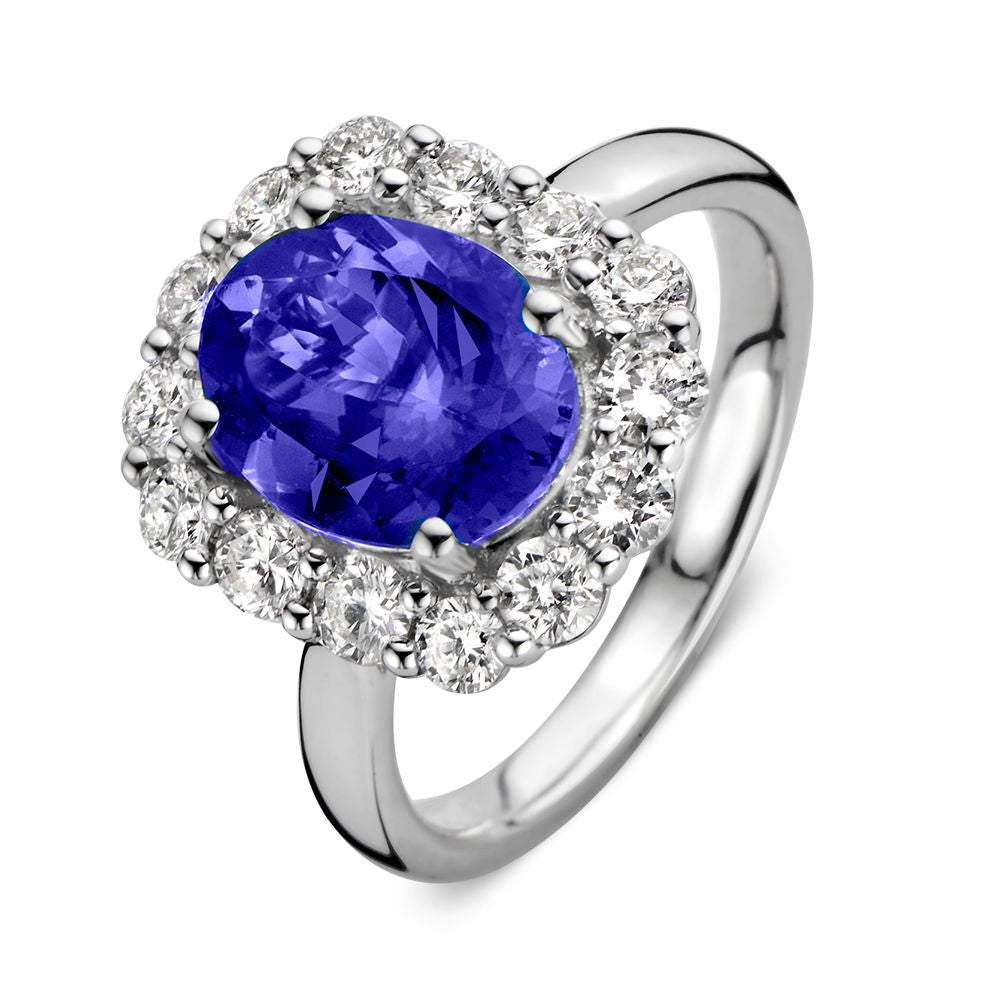 Witte gouden ring met een ovale tanzaniet van 2,80 karaat, omringd door een halo van briljanten.