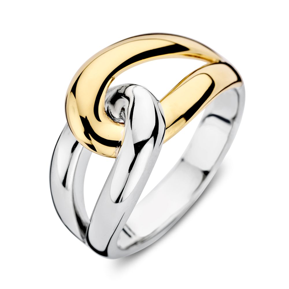 De Zilveren Damesring met 14 Karaat Goud van Excellent Jewelry is een opvallende schakelring met twee verstrengelde banden van zilver en geelgoud, stijlvol afgewerkt met een gladde, glanzende look.