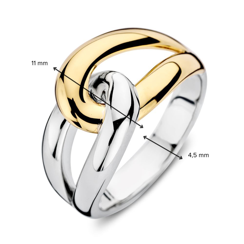 De Zilveren Damesring met 14 Karaat Goud - Opvallende Schakelring van Excellent Jewelry bestaat uit een 11 mm brede goudsectie en een 4,5 mm brede zilveren band.