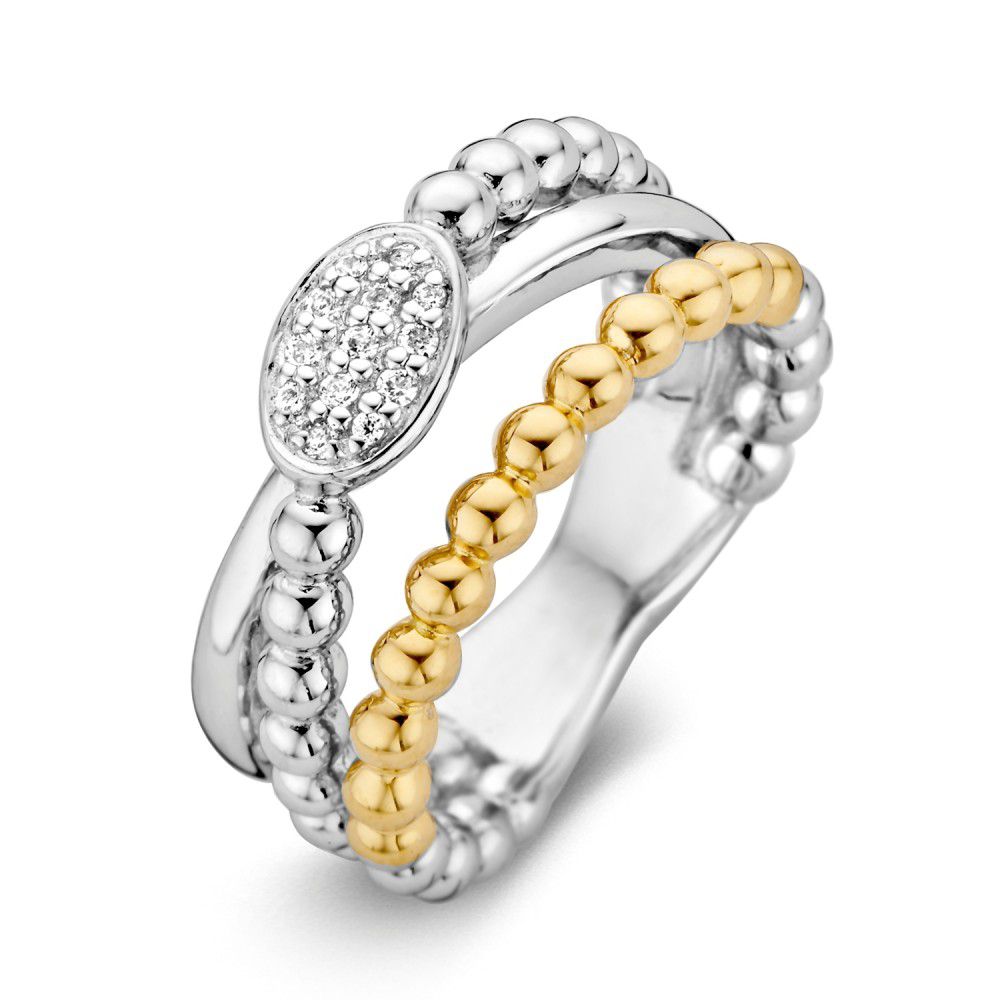 Gerhodineerde zilveren damesring met een gele gouden band en een ovaal zirkonia-element.
