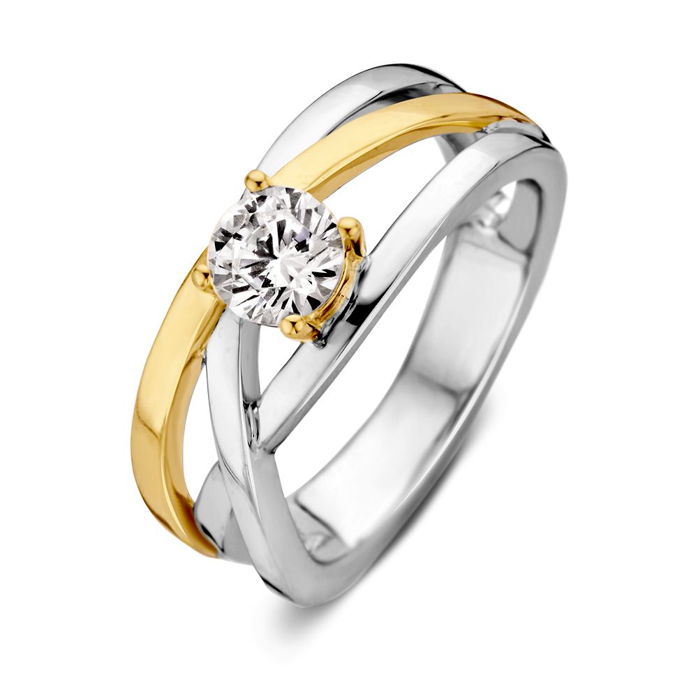 Zilveren ring met gouden details en een ronde zirkonia in het midden.