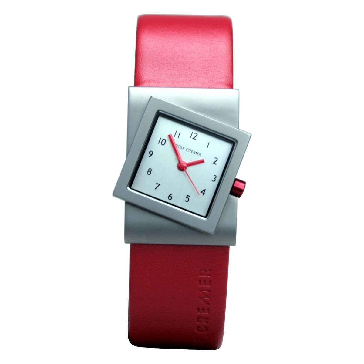 Vierkant Rolf Cremer horloge met zilveren kast, witte wijzerplaat en rode leren band.