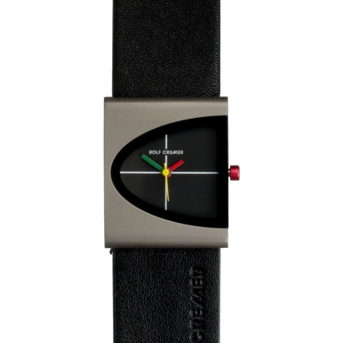 Zwart Rolf Cremer horloge met vierkante kast, zwarte wijzerplaat en leren band, opvallende gekleurde wijzers.