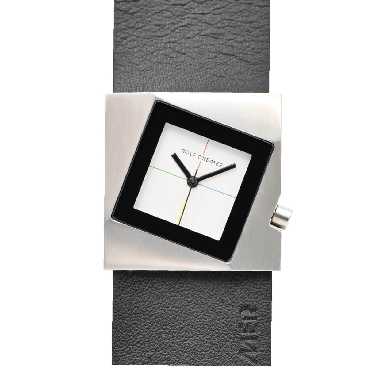 Zilveren Rolf Cremer horloge met vierkante wijzerplaat, zwarte omlijsting en leren band.