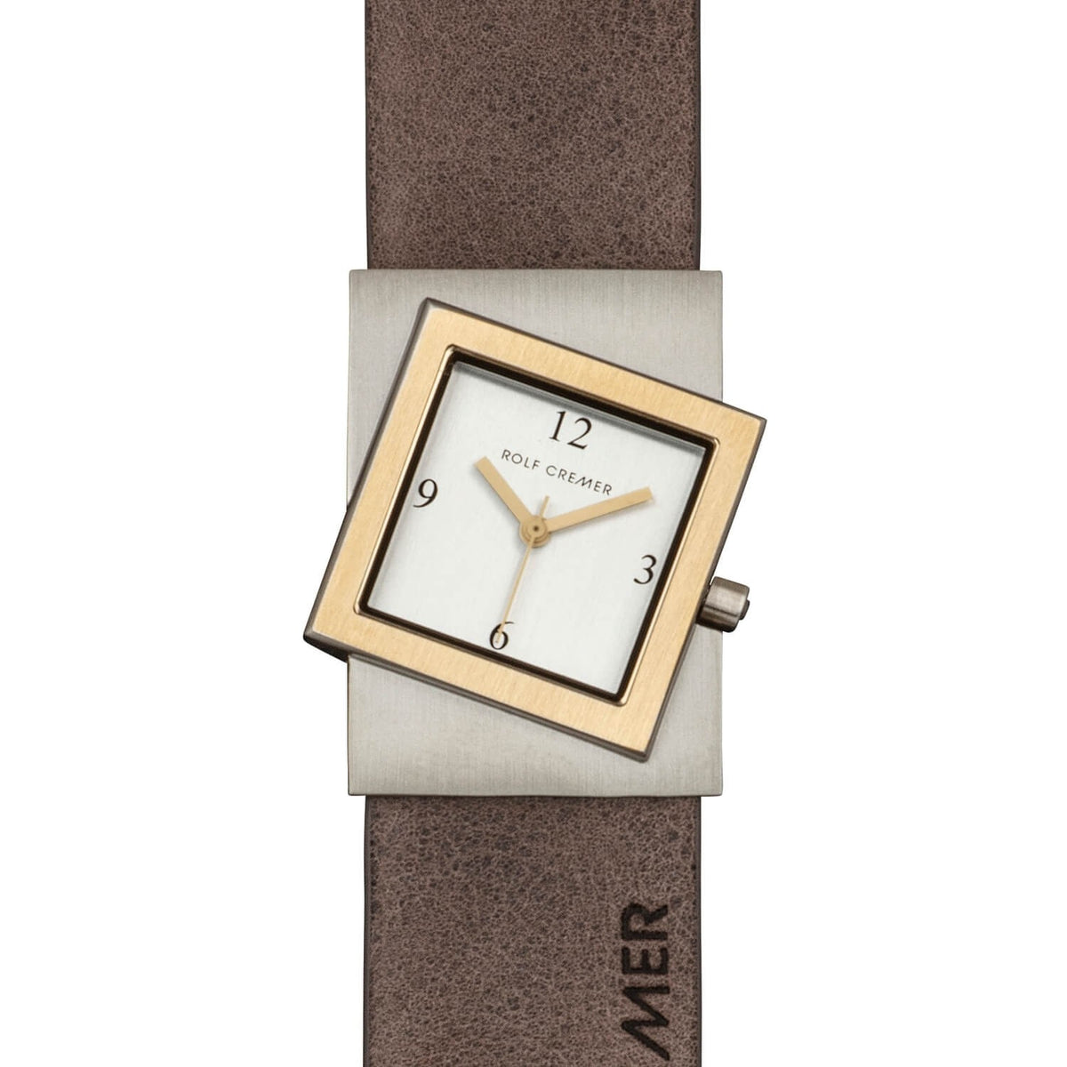 Vierkant horloge met een gouden bezel, witte wijzerplaat en een bruine leren band.