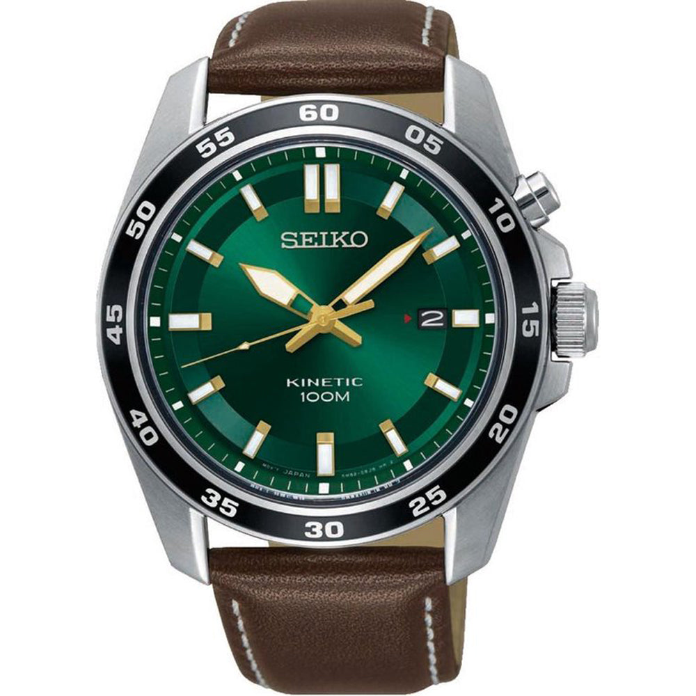 Heren horloge met groene wijzerplaat, zilveren kast, bruine leren band en chronograaffunctie.