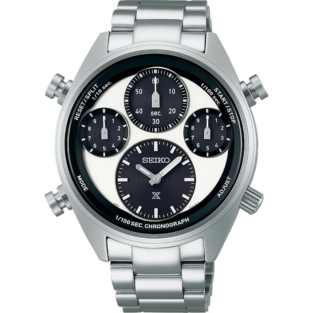 Zilveren Seiko Prospex heren horloge met zwarte wijzerplaat en chronograaffunctie.
