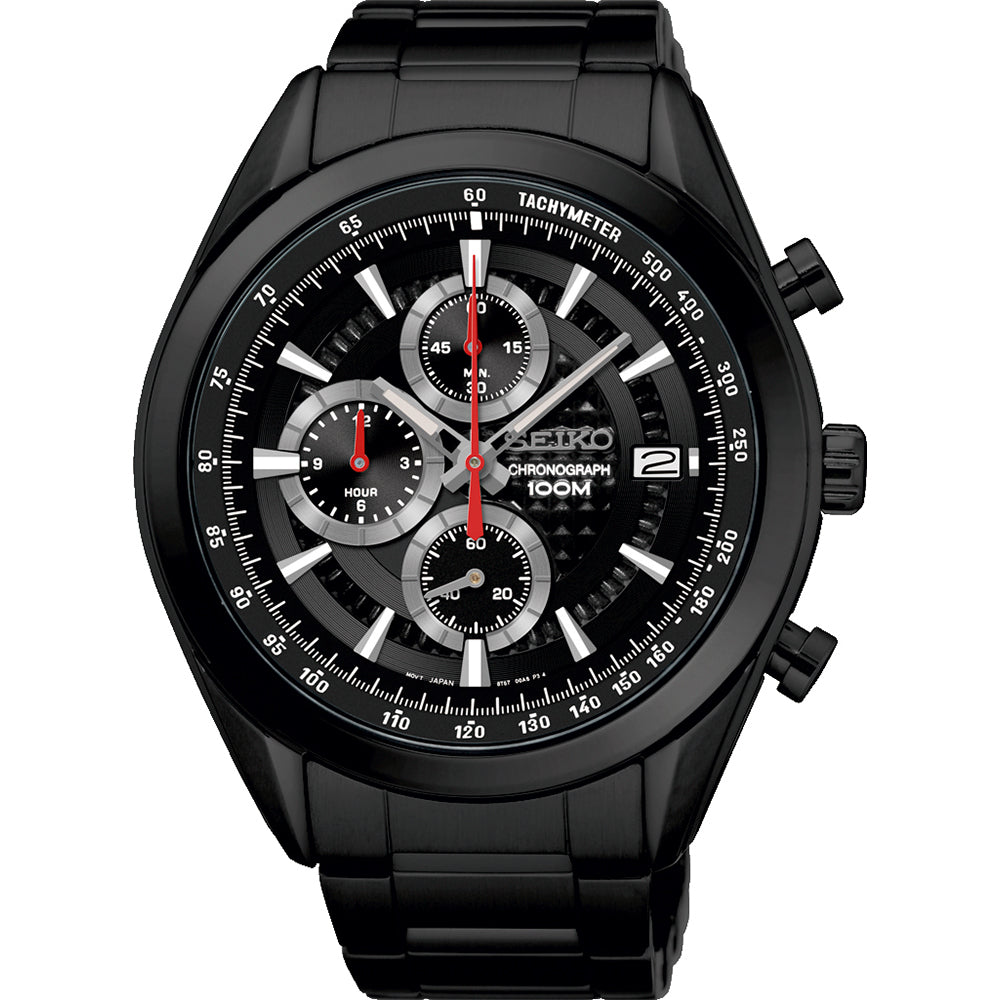 Zwart heren horloge met chronograaf, zwarte wijzerplaat en rode accenten, roestvrijstalen band.