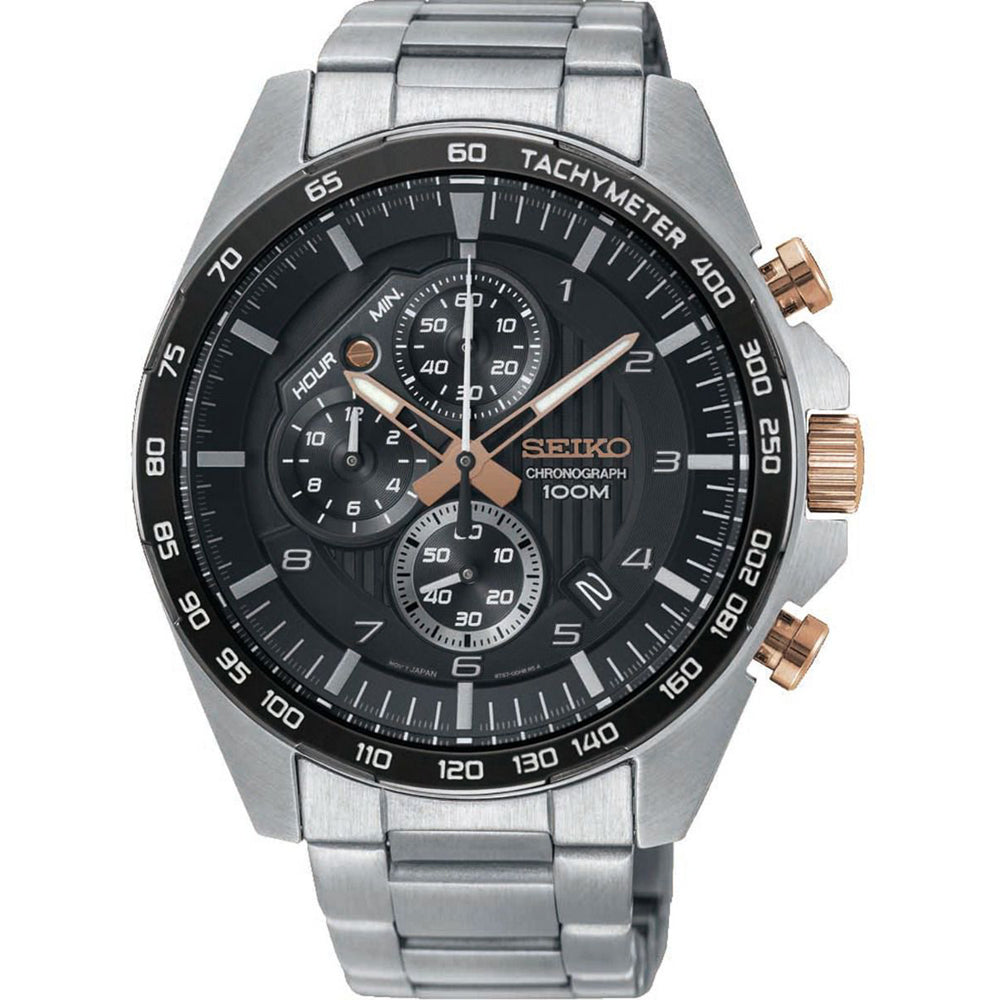 Zilveren heren horloge met zwarte wijzerplaat, chronograaffunctie en roségouden details.