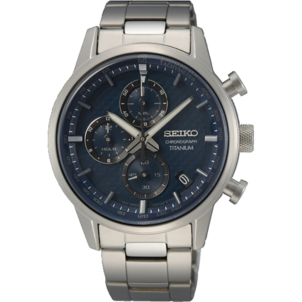 Heren horloge van titanium met een blauwe wijzerplaat en chronograaffunctie.