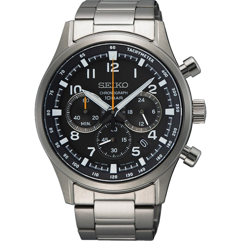 Heren horloge van staal met zwarte wijzerplaat, chronograaffunctie en zilveren schakels.