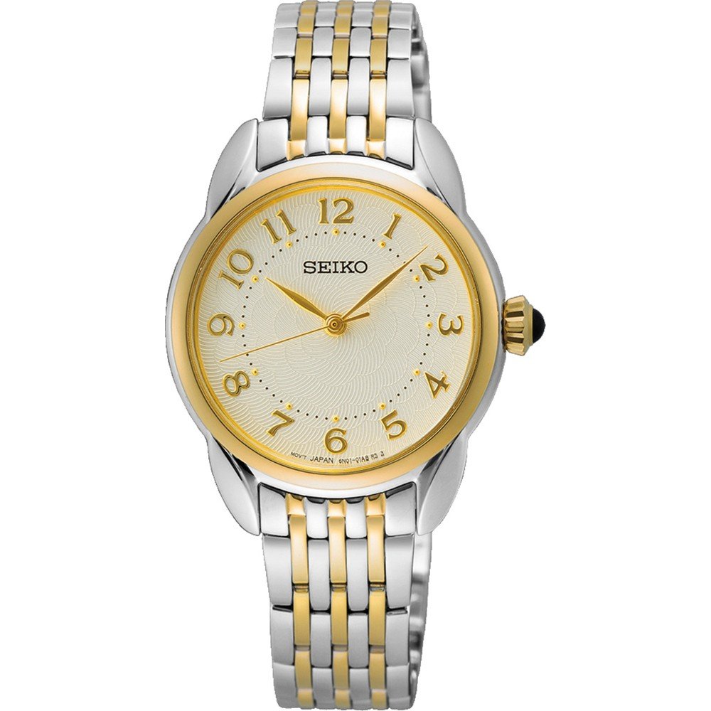 Zilveren dames horloge met gouden accenten, ronde wijzerplaat en metalen schakelband.
