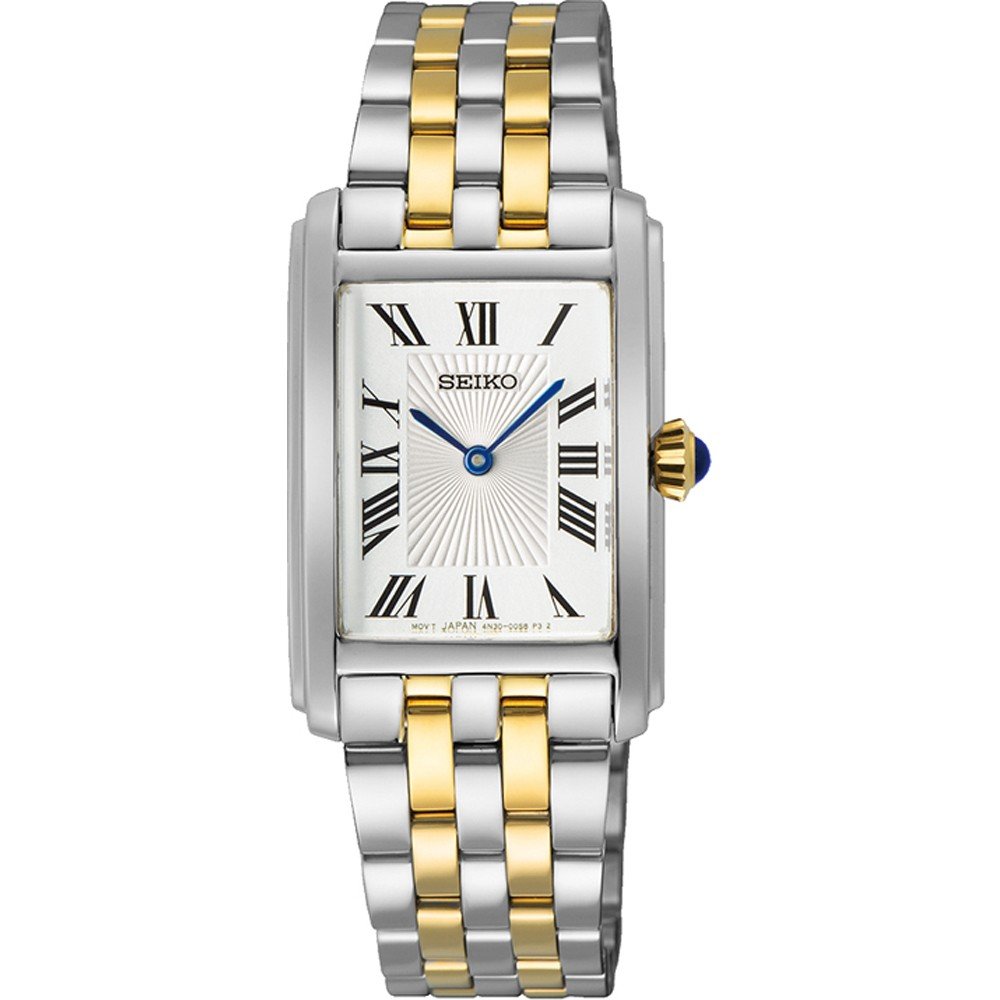 Zilveren dames horloge met gouden accenten, rechthoekige kast en witte wijzerplaat met Romeinse cijfers.