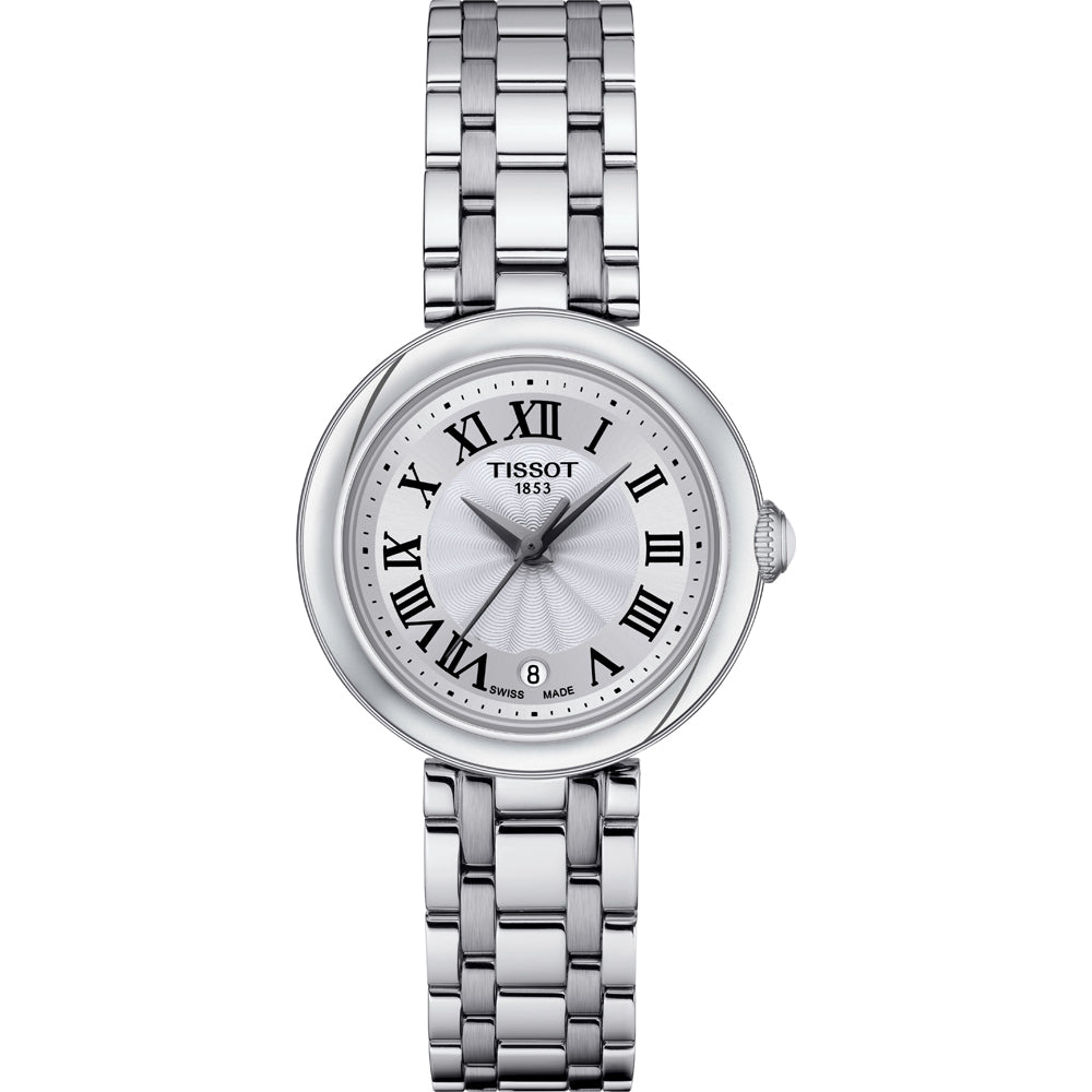 Zilveren horloge met ronde wijzerplaat, Romeinse cijfers en een metalen schakelband.