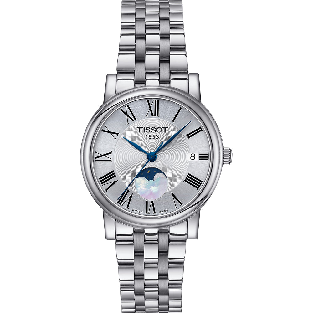 Zilveren horloge met een ronde wijzerplaat, Romeinse cijfers en een maanfase-indicator.