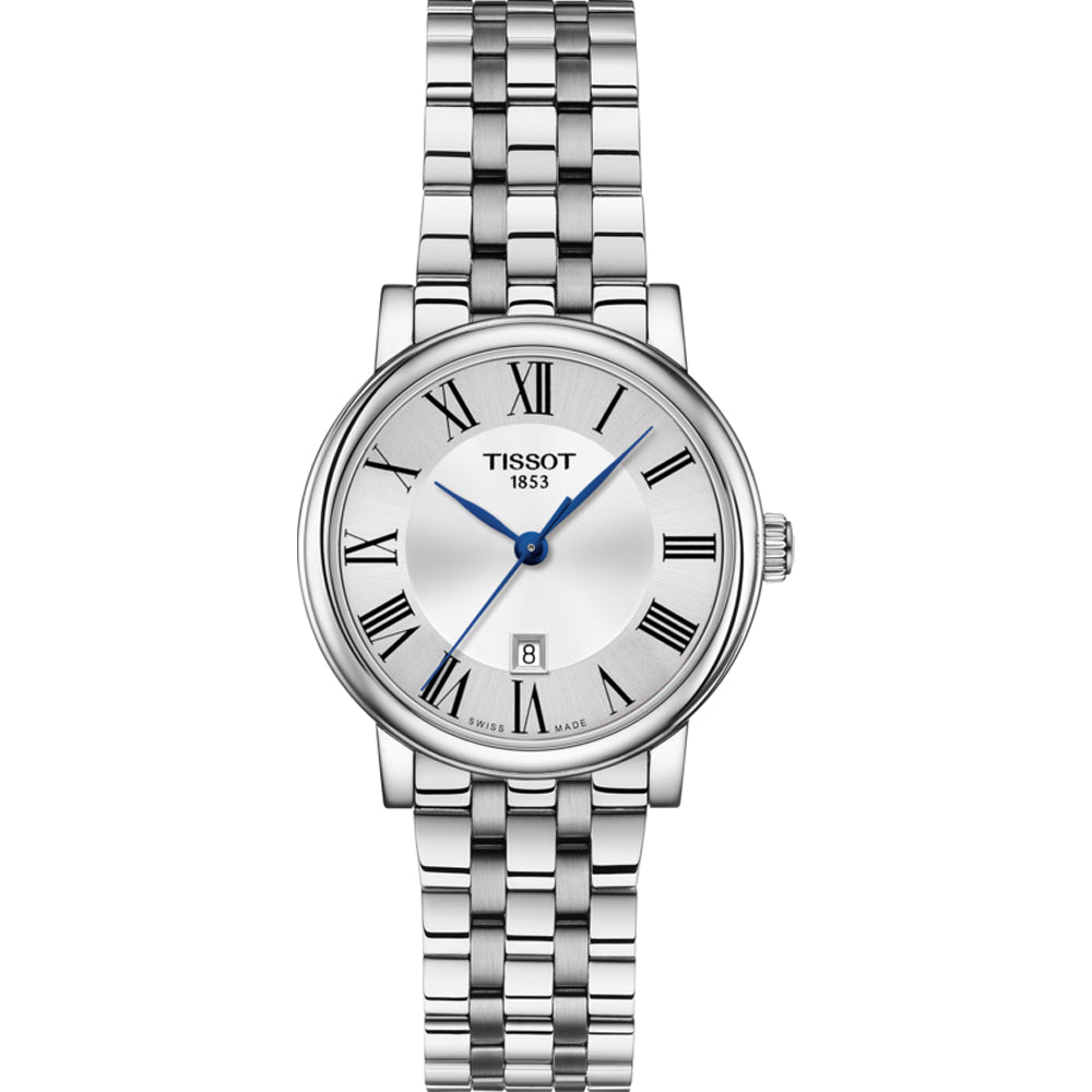 Zilveren horloge met een ronde wijzerplaat, Romeinse cijfers en een metalen schakelband.