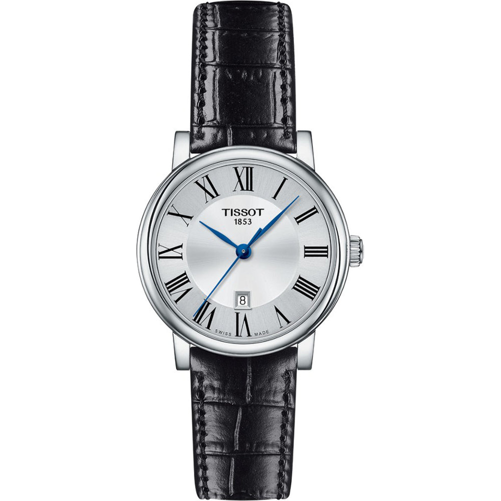 Zilveren horloge met een witte wijzerplaat, Romeinse cijfers en een zwarte leren band.