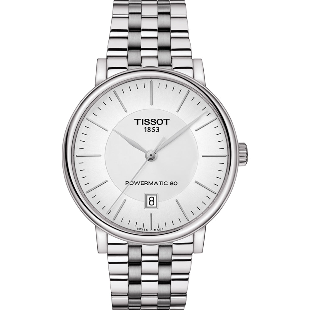 Zilveren horloge met een witte wijzerplaat, datumschaal en een metalen schakelband.