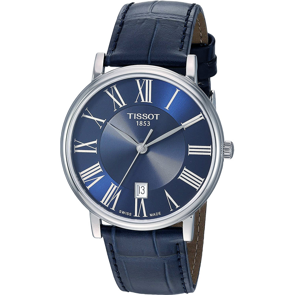 Zilveren horloge met blauwe wijzerplaat, Romeinse cijfers en een leren band in donkerblauw.