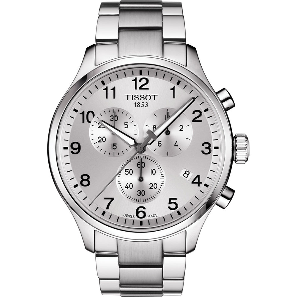 Zilveren chronograaf horloge met een lichtgrijze wijzerplaat en drie subdials.