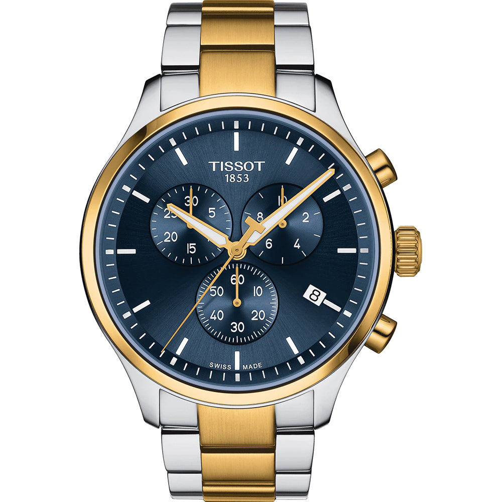 Gouden en zilveren chronograaf met blauwe wijzerplaat en drie subdials.