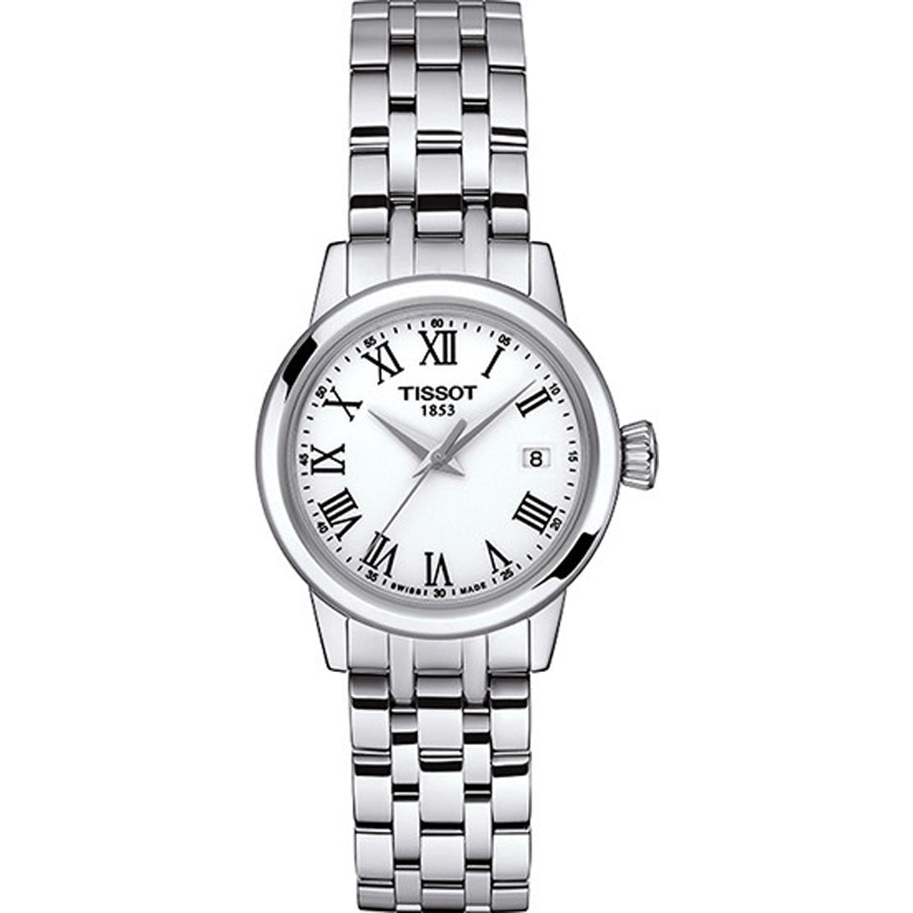 Zilveren horloge met een witte wijzerplaat en Romeinse cijfers, voorzien van een schakelband.
