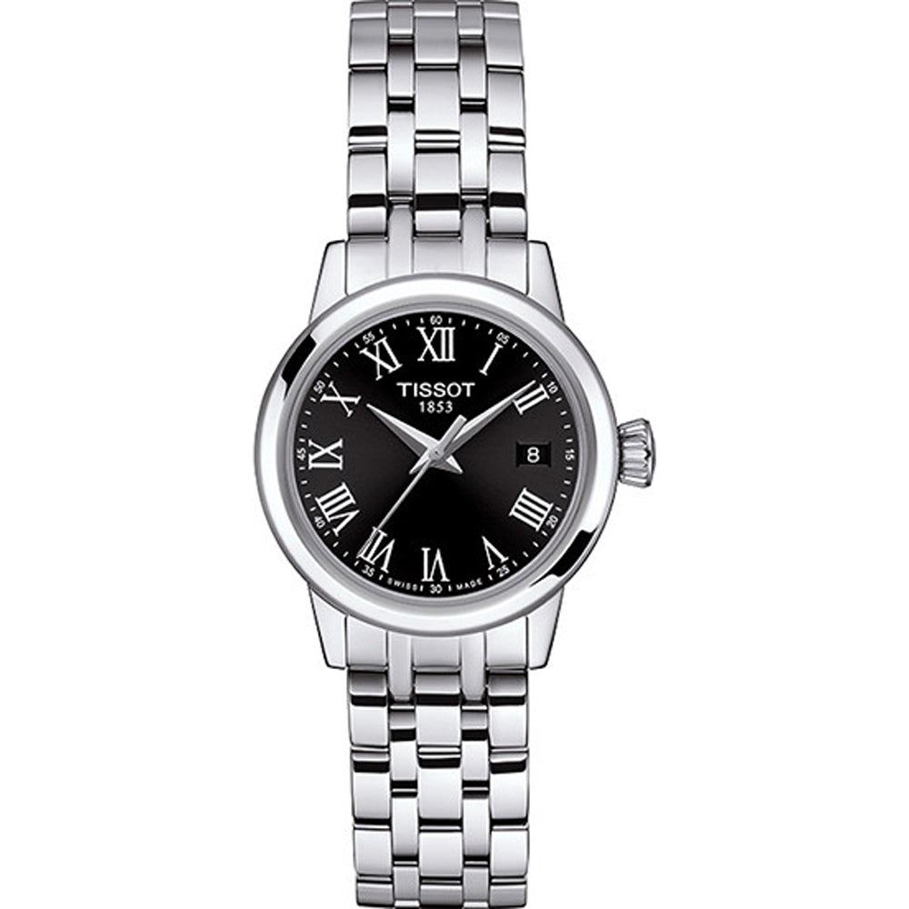 Zilveren horloge met een zwarte wijzerplaat en Romeinse cijfers, voorzien van een schakelband.
