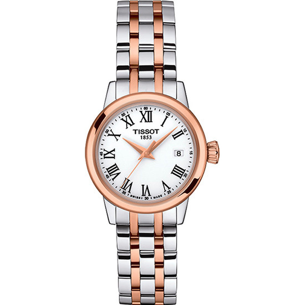Zilveren horloge met roségouden details, witte wijzerplaat en Romeinse cijfers.