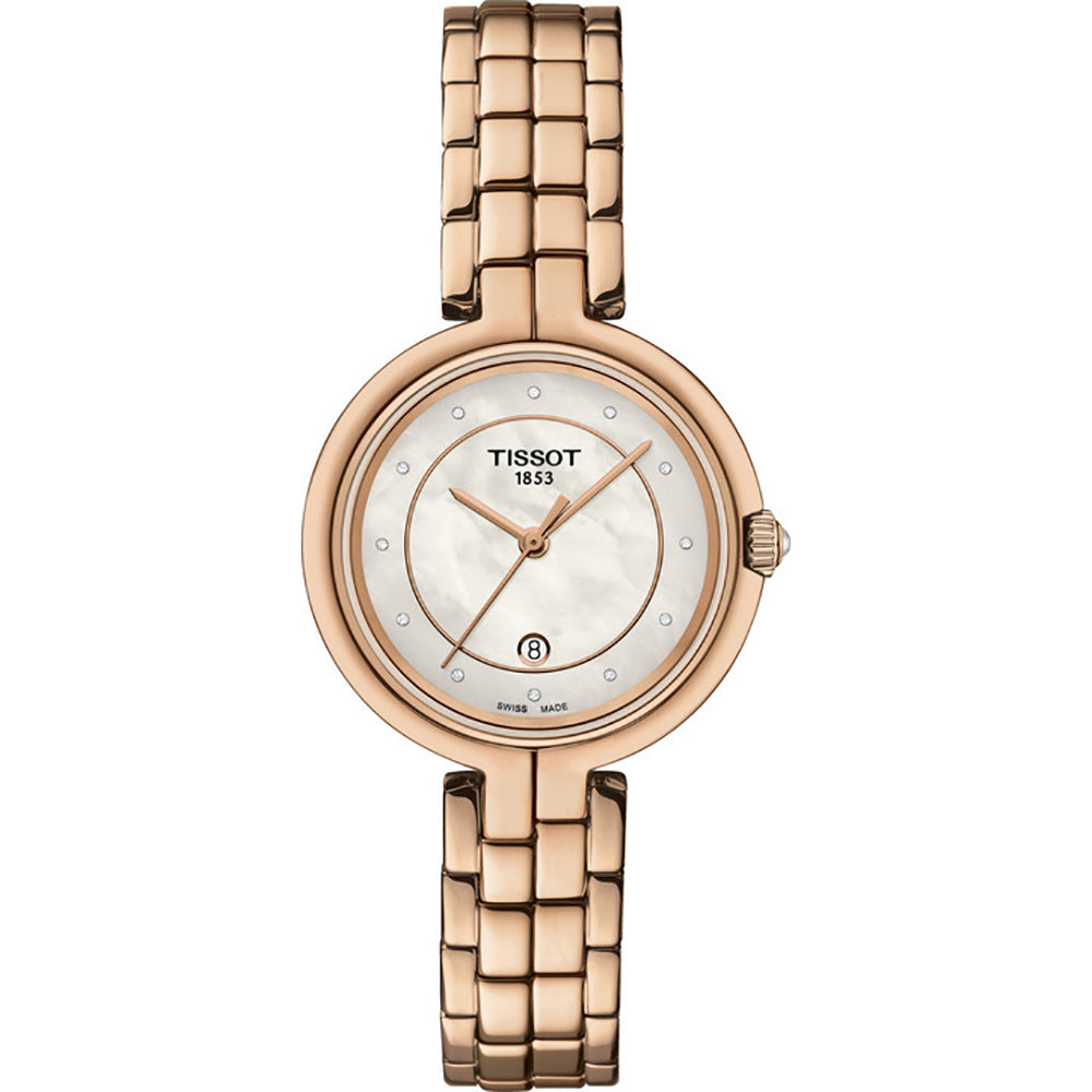 Roségouden horloge met een parelmoeren wijzerplaat en een schakelband.