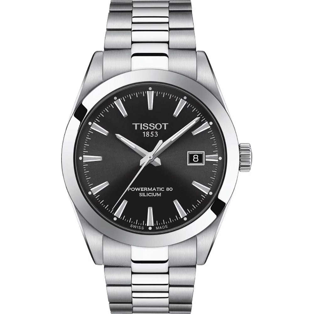 Zilveren horloge met zwarte wijzerplaat, datumaanduiding en stalen schakelband.