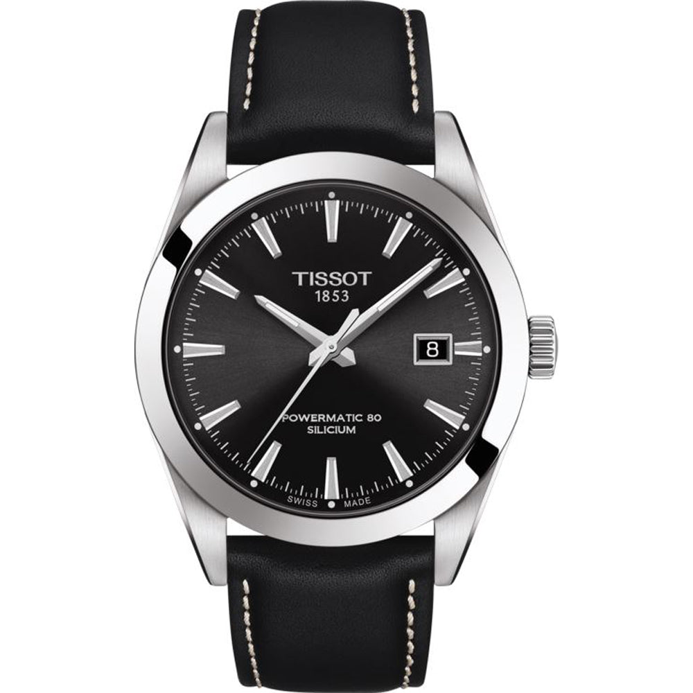 Zilveren horloge met zwarte wijzerplaat, datumschaal en leren band.