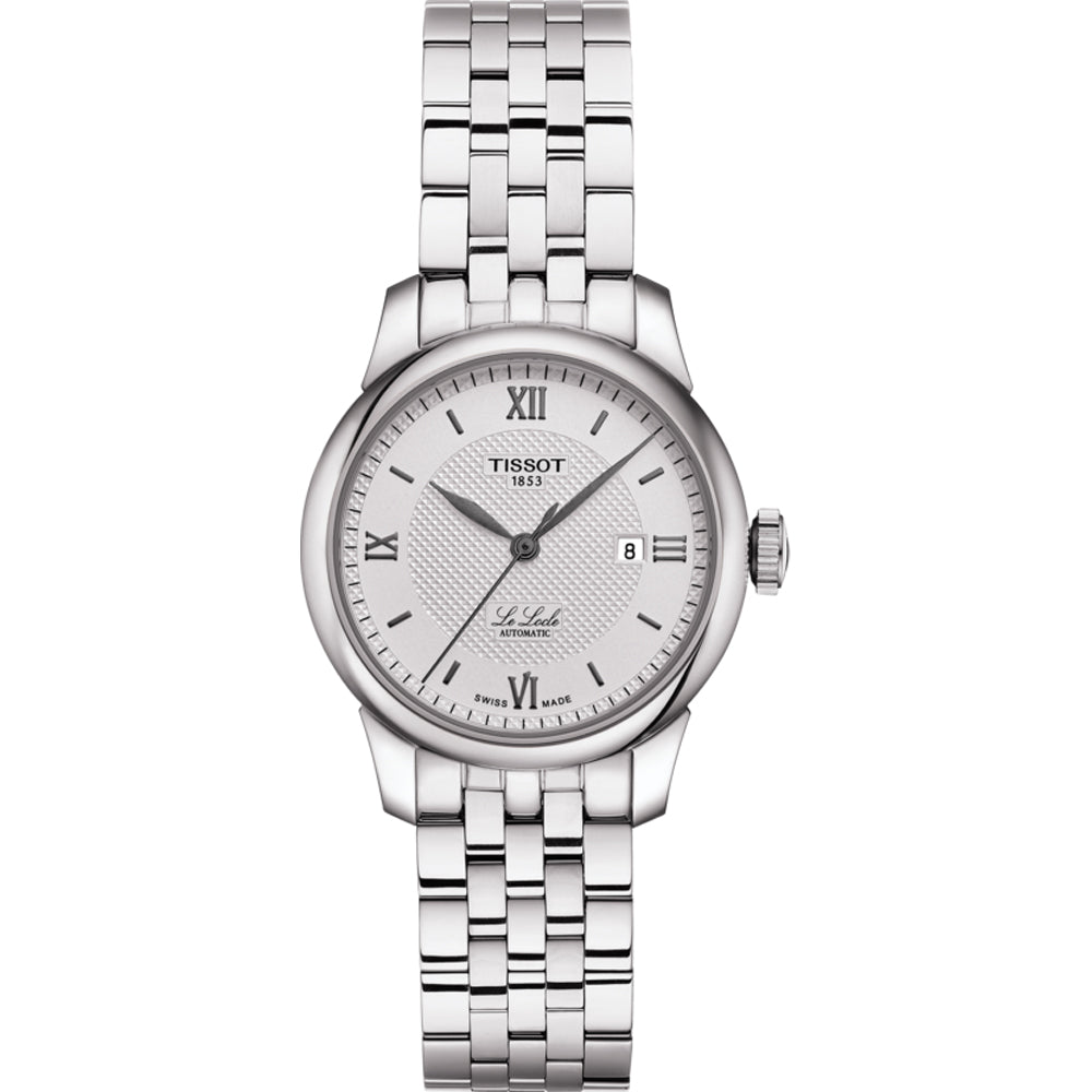 Zilveren horloge met een gestructureerde zilveren wijzerplaat, Romeinse cijfers en een metalen schakelband.