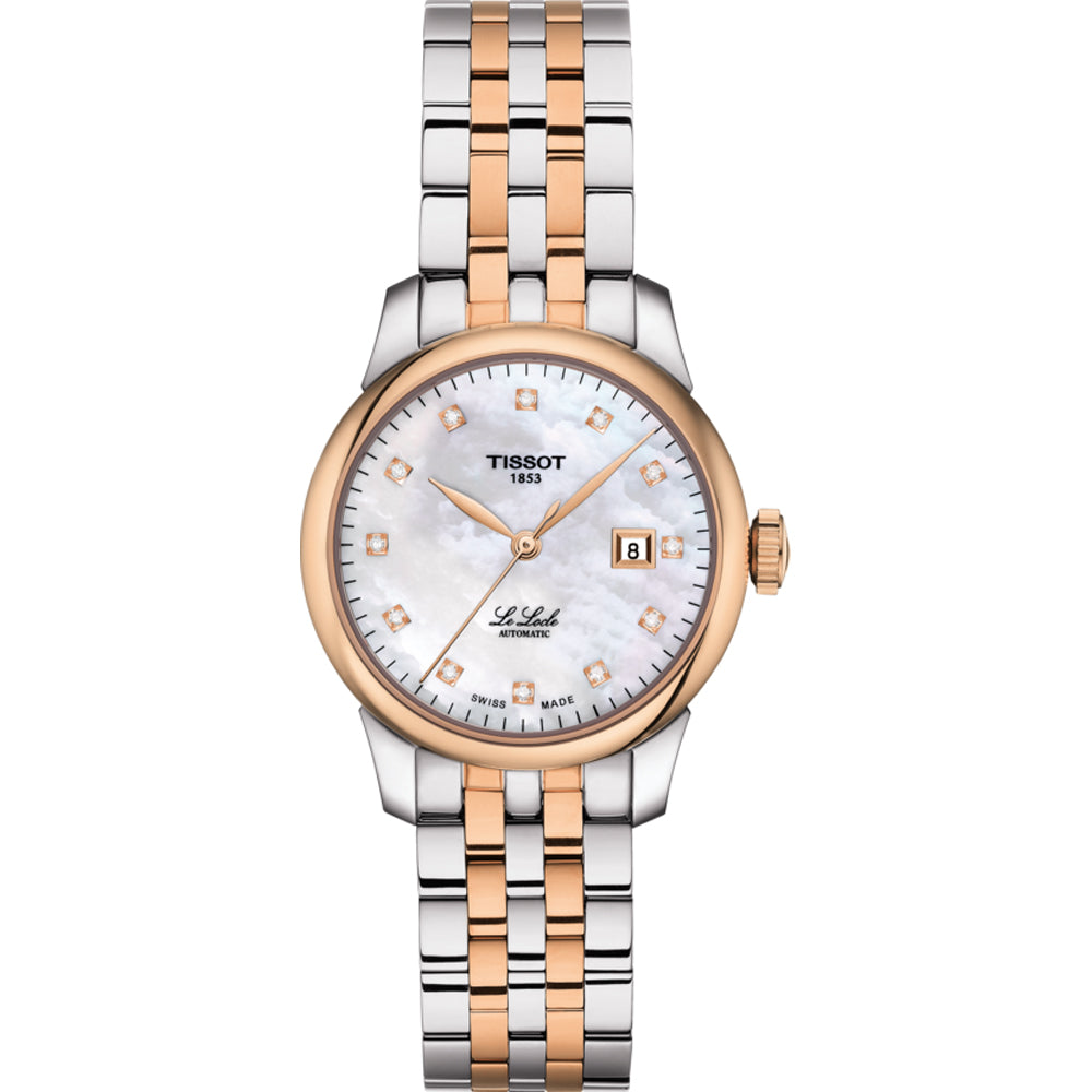 Automatisch dameshorloge met een zilveren en roségouden band, parelmoeren wijzerplaat en diamantaccenten.