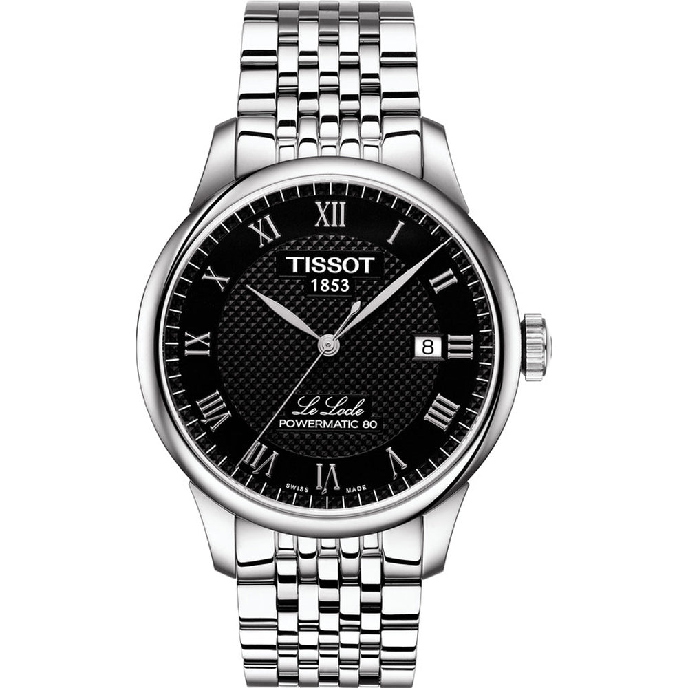 Zilveren horloge met zwarte wijzerplaat, Romeinse cijfers en een mesh-band.