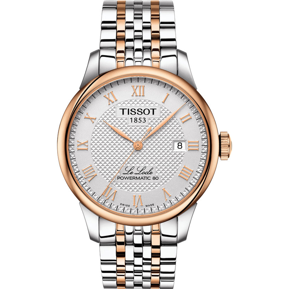 Zilveren horloge met roségouden details, ronde wijzerplaat met Romeinse cijfers en datumaanduiding.