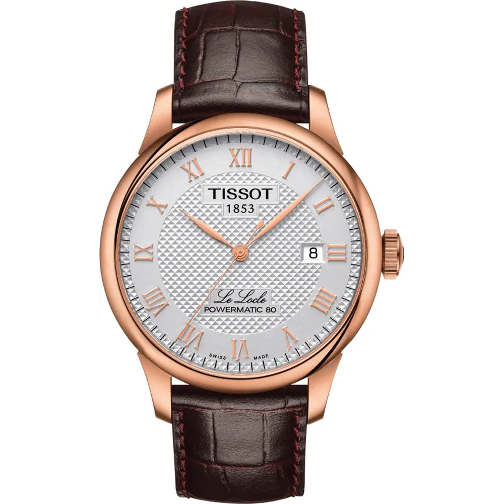 Roségouden horloge met zilveren wijzerplaat, Romeinse cijfers en bruine lederen band.