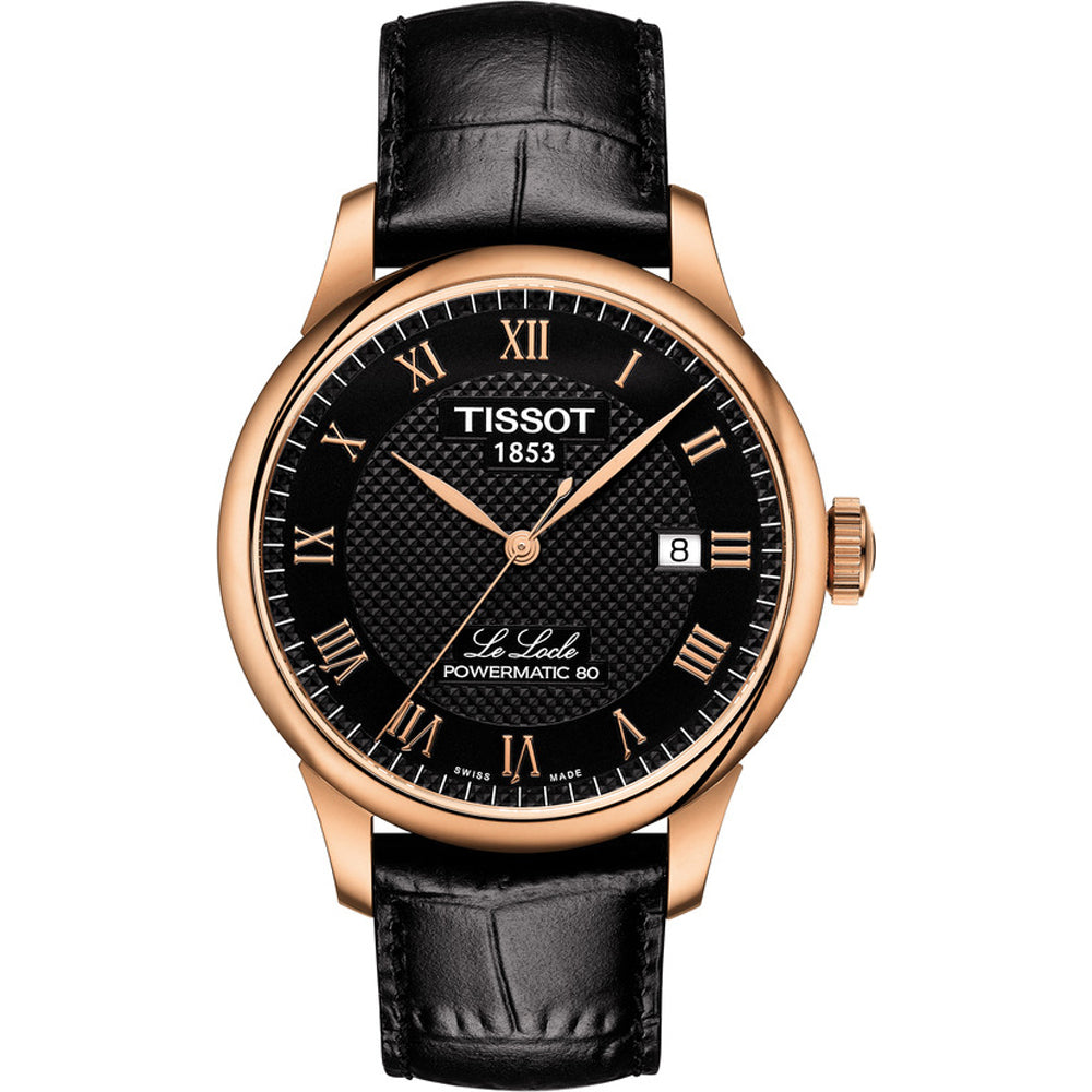 Roségouden horloge met zwarte wijzerplaat, Romeinse cijfers en leren band.