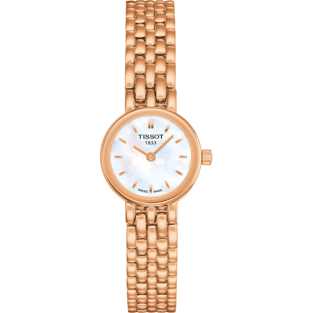 Roségouden horloge met een parelmoeren wijzerplaat en een schakelband.