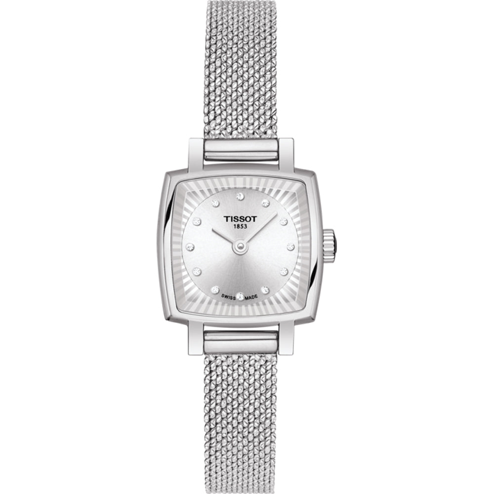 Zilveren horloge met vierkante kast, mesh-band en een witte wijzerplaat met steentjes als index.