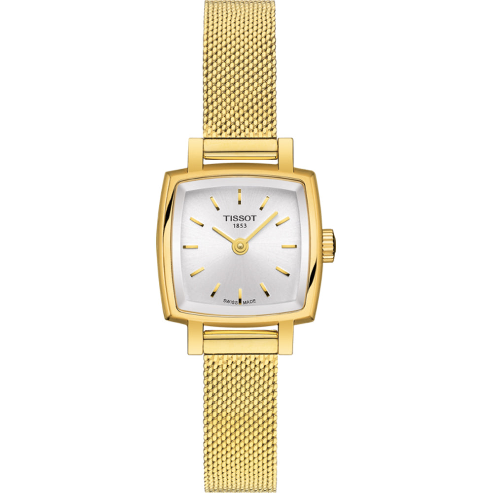 Gouden vierkant horloge met een zilveren wijzerplaat en een mesh-band.