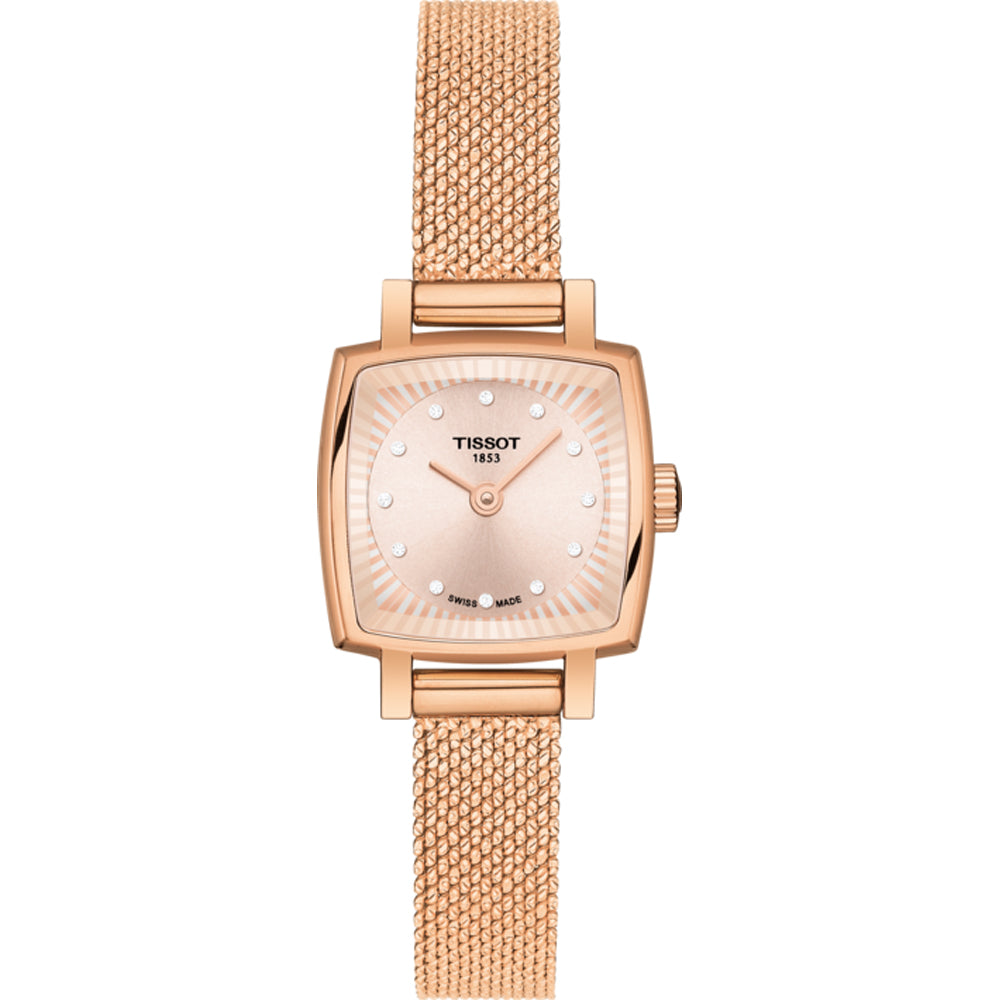 Roségouden horloge met vierkante kast, parelmoer wijzerplaat en mesh-band.