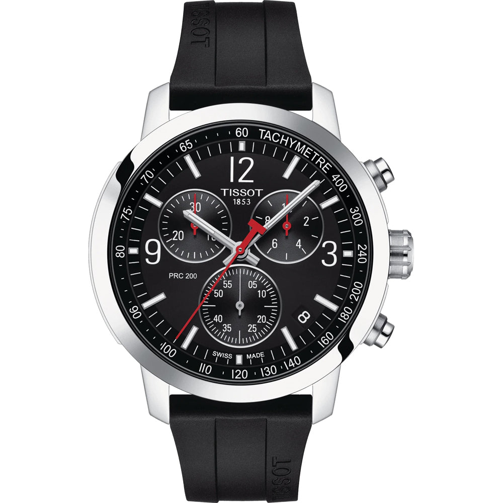 Zilveren chronograaf met zwarte wijzerplaat, rubberen band en rode accenten.