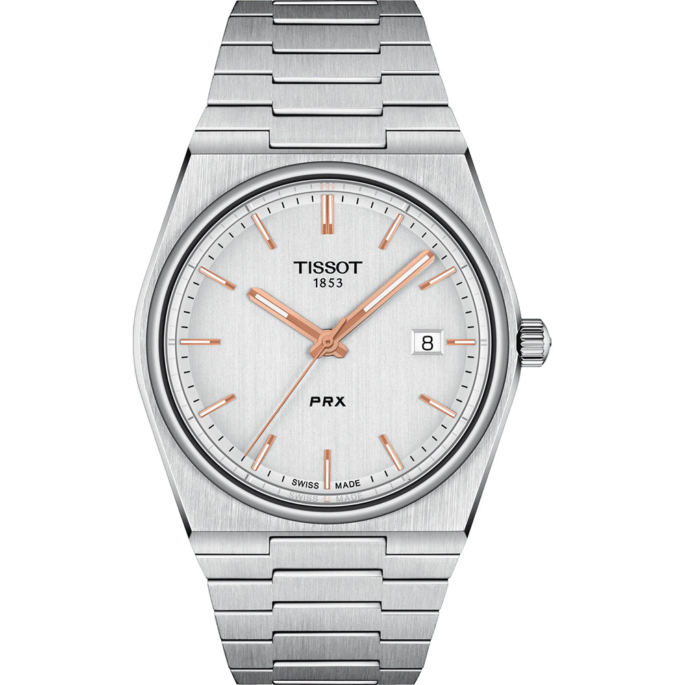 Zilveren horloge met een staalband, witte wijzerplaat en roségouden accenten.