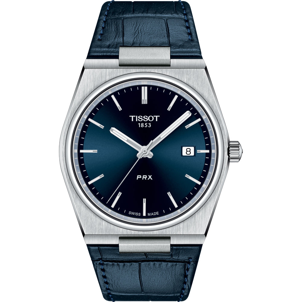Stalen horloge met een blauwe wijzerplaat, zilveren indexen en een donkerblauwe leren band.