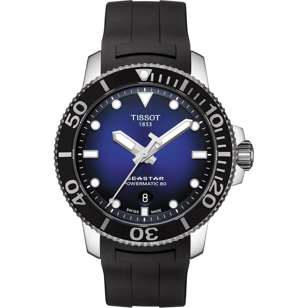 Zwart rubberen horloge met een blauwe wijzerplaat, zilveren wijzers en een duikring.
