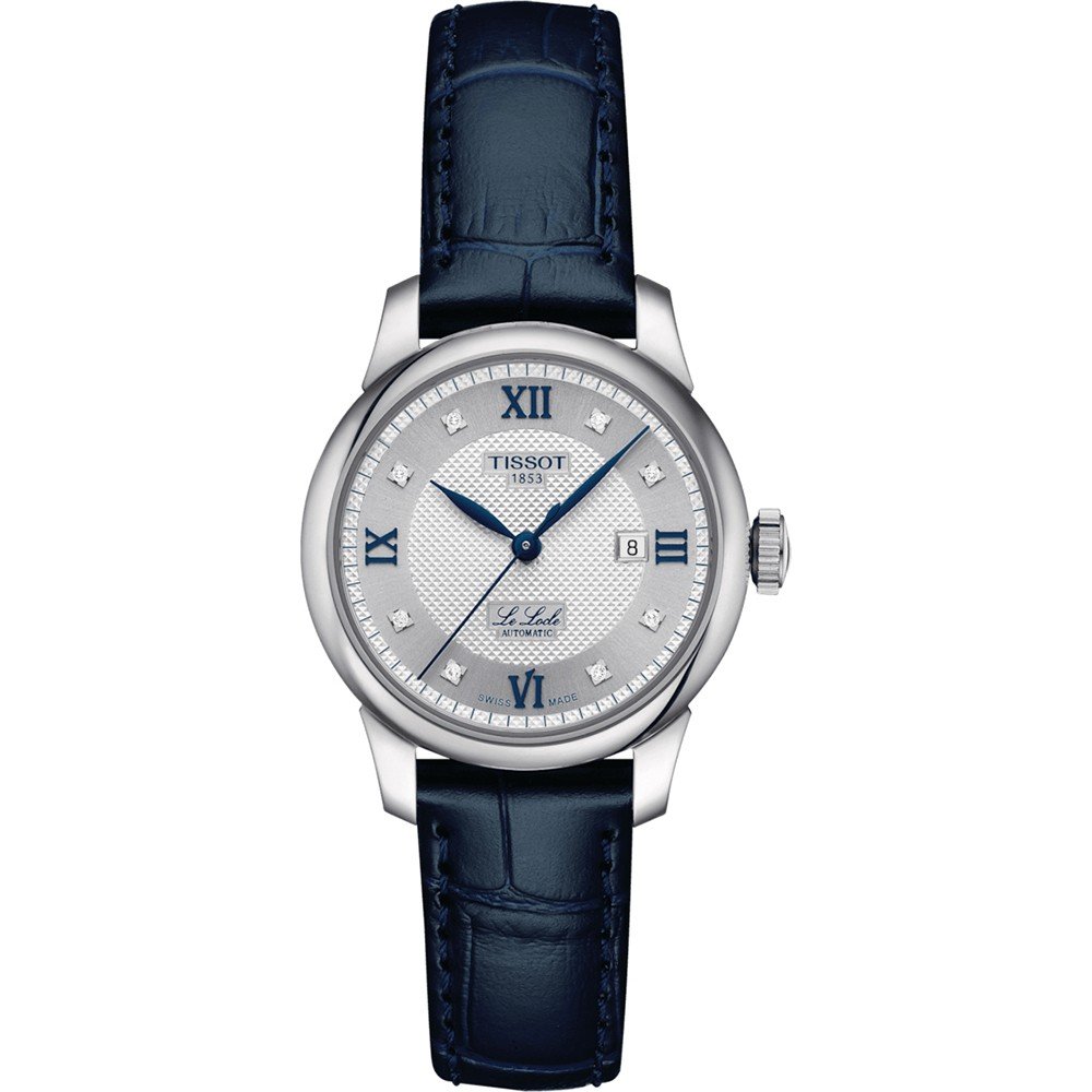 Zilveren horloge met een witte wijzerplaat, Romeinse cijfers en een blauwe leren band.